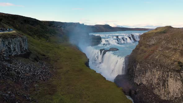 Flying Towards the Gullfoss Waterfall on the Olfusa River in Southwest Iceland