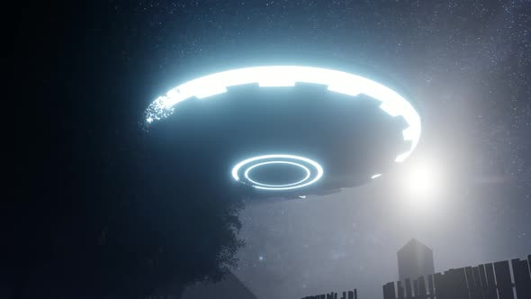 3d render. UFO sprang up in the sky above an old farm