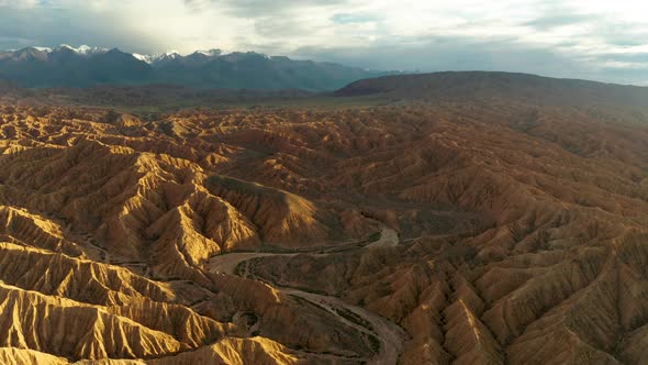 Aerial View of Desert Landscape in Kyrgyzstan at Sunset