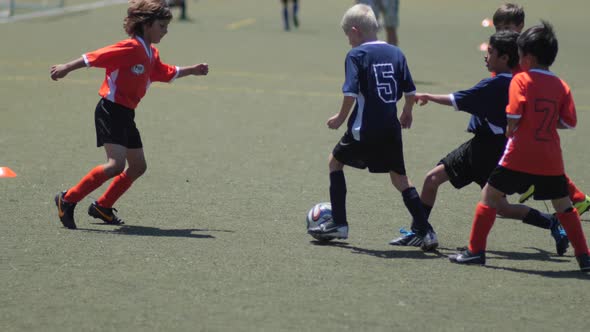 Young boys playing in a youth soccer league game.