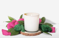 burning scented candle in white glass with rose petal and green leaves decor. - PhotoDune Item for Sale
