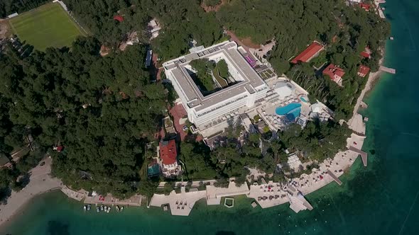 Aerial view of hotel resort surrounding by nature, Mali Losinj, Croatia.