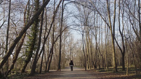 Woman walking on dirt wide hiking path in dormant brown forest on sunny day, static behind