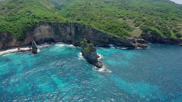 Aerial View of Beautiful Beach Ocean Island with Greenery Nusa Penida