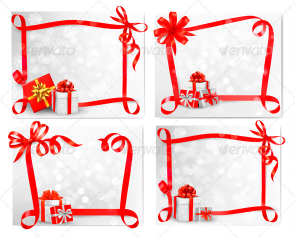 Set of Holiday Backgrounds with Red Gift Bows