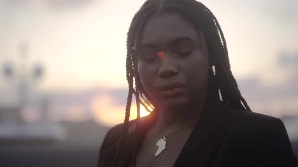 Gorgeous black woman touching long braids near palm in twilight