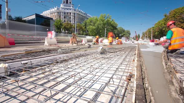 Road Construction Site with Tram Tracks Repair and Maintenance Timelapse Hyperlapse