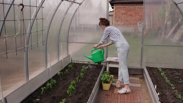 A Girl in Blue Jeans is Watering Plants From a Green Watering Can