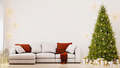 Christmas living room interior white sofa, christmas tree with balls, stars, gifts and decoration - PhotoDune Item for Sale