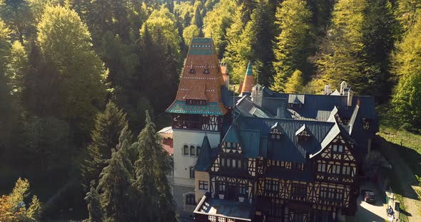 Pelisor Castle In The Romanian Forest Aerial