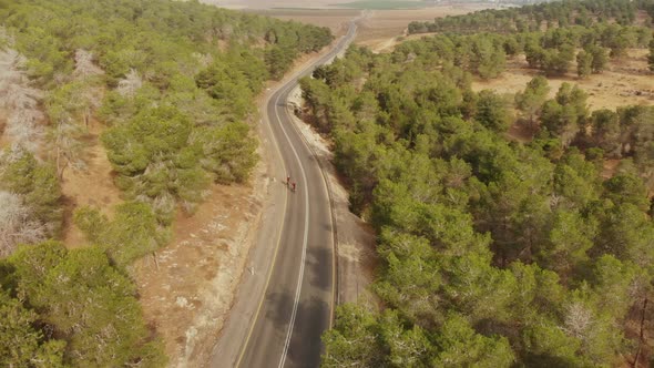 drone aerial shot of two professional road cycelists riding at the forest's empty road