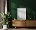 Empty white poster frame mock up on dresser in modern room interior with green wallwith sunlight - PhotoDune Item for Sale