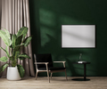 Horizontal empty picture frame mock up on green wall with sunlight in modern room interior  - PhotoDune Item for Sale