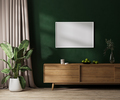 Horizontal white picture frame mock up on dresser in modern room interior with green wall - PhotoDune Item for Sale