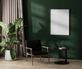 poster frame mock up on green wall with sunlight in modern room interior with chair and coffee table - PhotoDune Item for Sale