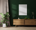 blank poster frame mock up on green wall with sunlight, modern room interior with wooden furniture - PhotoDune Item for Sale
