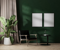 two blank poster frame mock up on green wall with sunlight in modern room interior with chair - PhotoDune Item for Sale