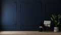 Room with armchair and green plant in pot with dark blue wall with classic style mouldings  - PhotoDune Item for Sale
