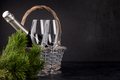 Basket with champagne, Christmas fir tree - PhotoDune Item for Sale