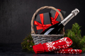 Basket with Christmas gift boxes and champagne - PhotoDune Item for Sale