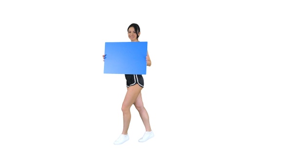 Ring girl holding empty board announcing new round on white