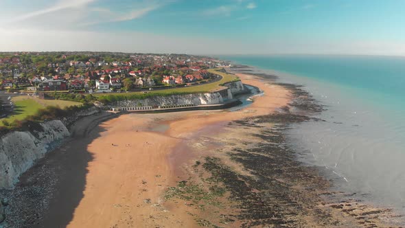 Drone aerial view of the beach and white cliffs, Margate, England, UK