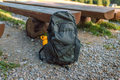 Travel backpack on the wooden bench in the forest. - PhotoDune Item for Sale