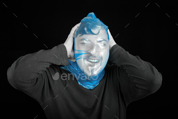 f-asphyxiation concept. Garbage bag on head. Shortness of breath, lack of air. Black background.