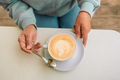 Woman hands holding a white cup of latte coffee   - PhotoDune Item for Sale