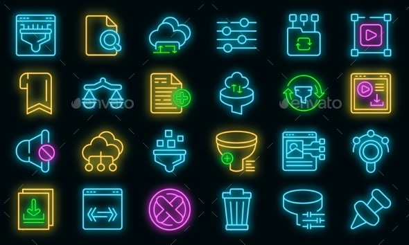 Filter Search Icons Set Vector Neon