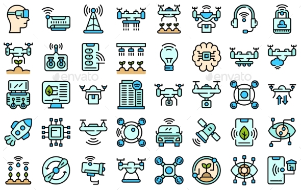 Drone Technology Icons Set Line Color Vector