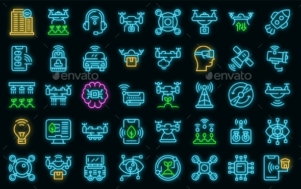 Drone Technology Icons Set Vector Neon