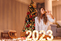Woman drinking wine while celebrating New Year at home - PhotoDune Item for Sale