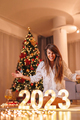Woman celebrating New Year at home - PhotoDune Item for Sale