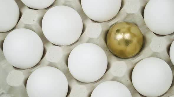 Many White Chicken Eggs and One Golden Egg in Turn Top View