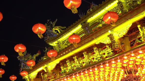 Red lantern hang at colorful chinese temple 