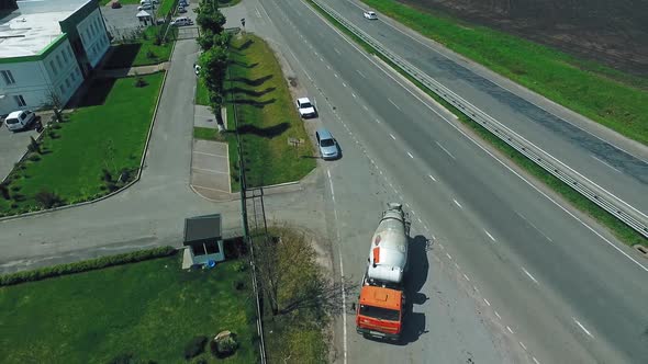 Construction With Concrete Mixer Truck, Aerial view of heavy concrete truck on construction site