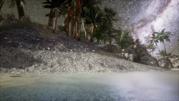 Beautiful Fantasy Tropical Beach with Milky Way Star in Night Skies