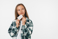 Pensive thoughtful caucasian preteen teenage schoolgirl with credit card - PhotoDune Item for Sale