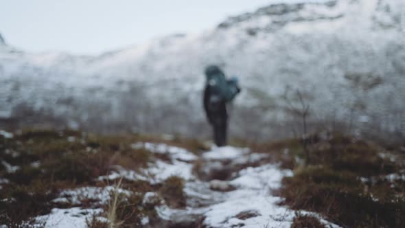 Hiker Backpack Walking Snowy Trail