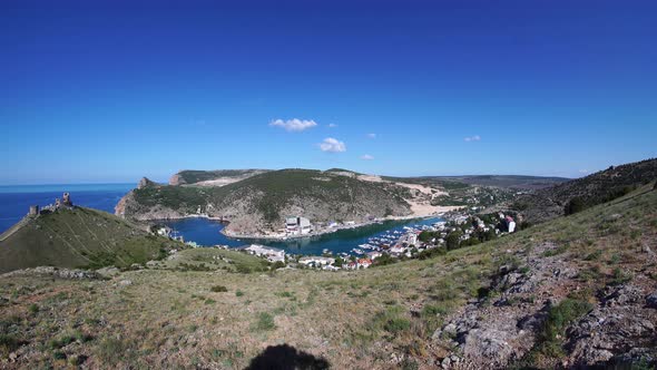 Panoramic View From Hill to Sea Bay with Yachts and Small Coastal Town in Mountain Area Ruines of