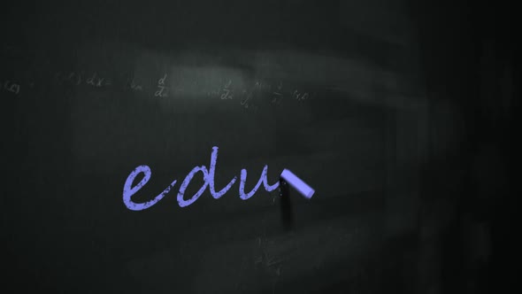 Animation of blue chalk writing the English word 'education' on a blackboard