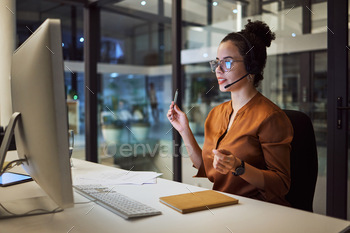 Call center, customer support and insurance agent consulting at night in a office at a contact help