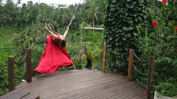 Woman Swing in Rice Terrace in Dress Slowmotion