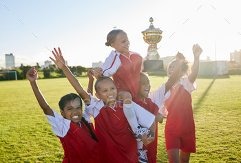 Sports. soccer and young girls with trophy celebrate, happy and excited outside on field for their