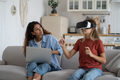 Mother limiting child use of vr technologies, teen girl spending too much time in virtual world - PhotoDune Item for Sale