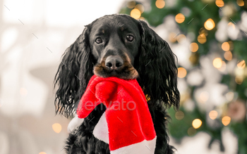 t festive decorated Christmas room closeup portrait. Purebred pet doggy with New Year tree and lights on background