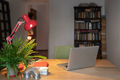 Home office setup for remote working, Cozy workplace with laptop, desk lamp and office supplies - PhotoDune Item for Sale