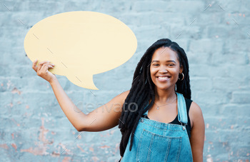 Black woman with chat board or speech bubble with mock up for advertising, marketing or promotion w