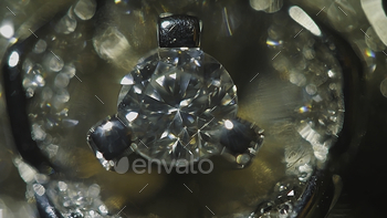 . Big blue diamond, closeup view. layered triangular macro diamond shapes with a small diamond over them. Round gemstone on Black Background with Reflection 4K